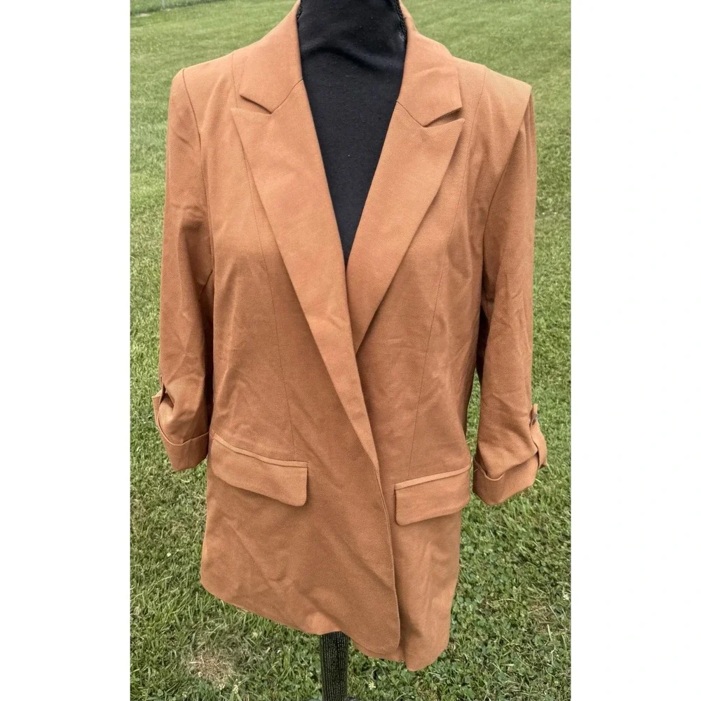 Skies Are Blue Blazer Womens L Brown Boyfriend Oversized Open Front Lined Jacket